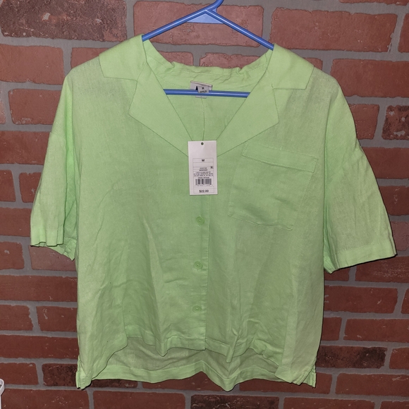 A New Day Lime Green Women's Button-Up Short Sleeve Top - Picture 3 of 6
